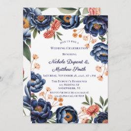 Navy and Burnt Orange Floral Wedding Celebration 招待状