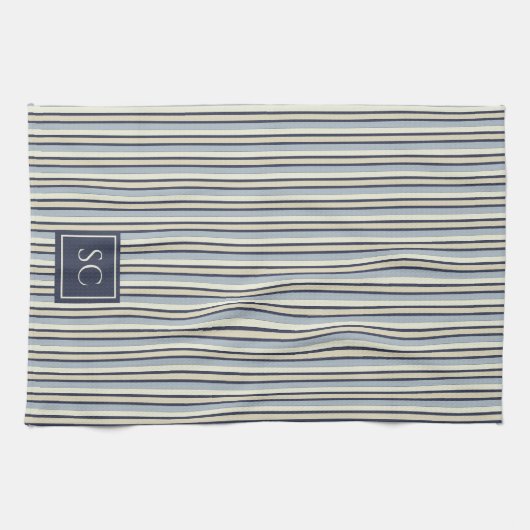Navy And Cream Striped Pattern Monogrammed キッチンタオル (横)