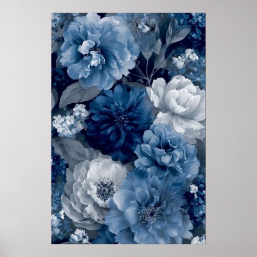 Navy and Dusty Blue Floral Art Poster 3 of 3 ポスター (正面)