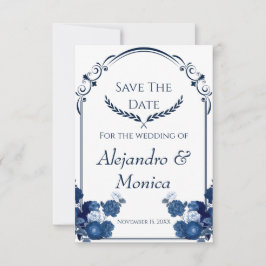 Navy and Dusty Blue Floral Classic Save The Date セーブザデート