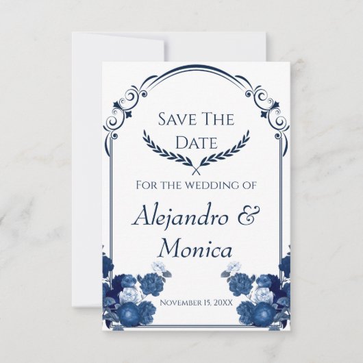 Navy and Dusty Blue Floral Classic Save The Date セーブザデート (正面)