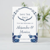 Navy and Dusty Blue Floral Classic Save The Date セーブザデート (スタンド正面)
