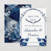 Navy and Dusty Blue Floral Classic Save The Date セーブザデート (正面/裏面)