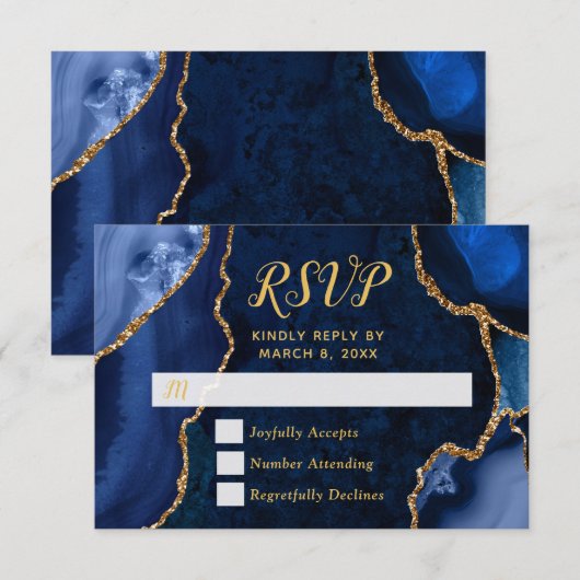 Navy and Gold Agate Marble RSVP (正面/裏面)