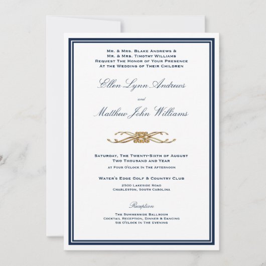 Navy and Gold Elegant Formal Wedding 招待状 (正面)