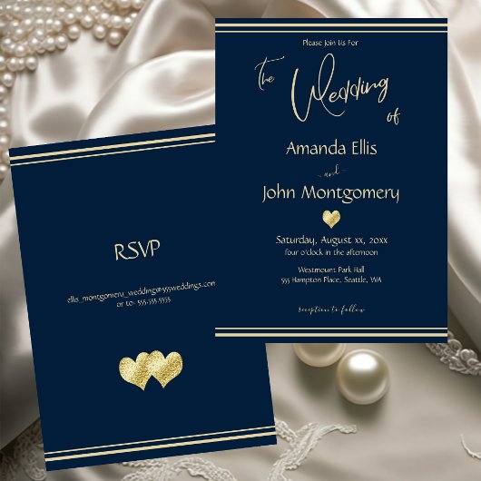 Navy and Gold Elegant Wedding with RSVP 招待状