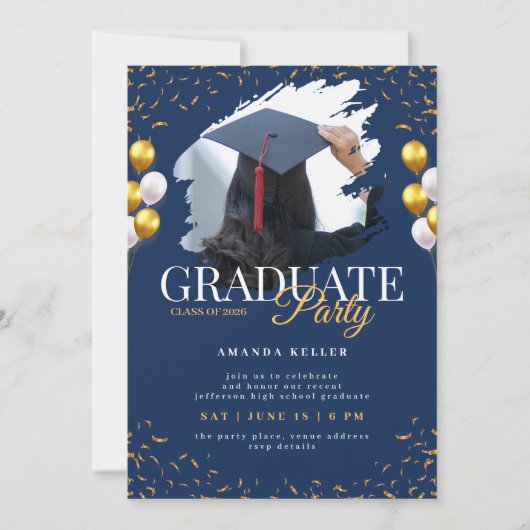 Navy and Gold Graduation Party 招待状 (正面)