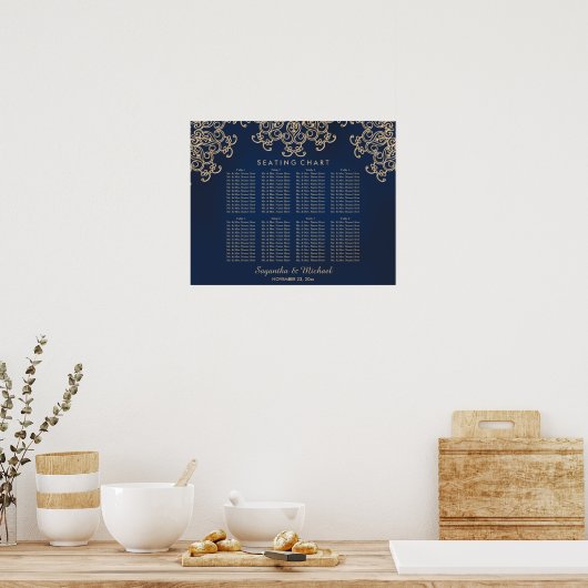 Navy and Gold Indian Inspired Seating Chart ポスター (キッチン)
