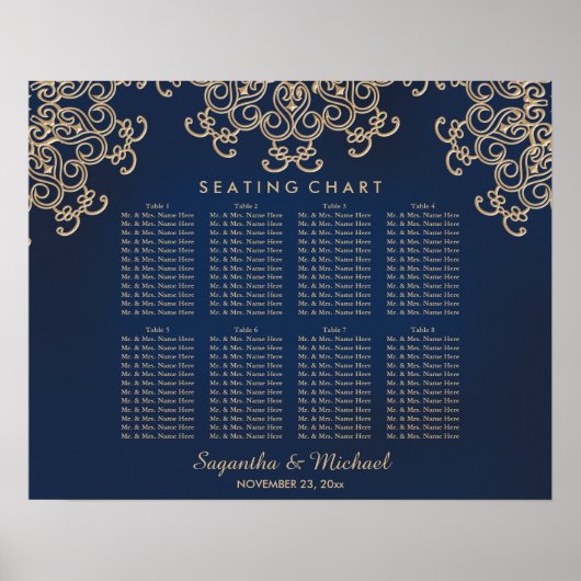 Navy and Gold Indian Inspired Seating Chart ポスター (正面)