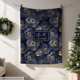 Navy and Gold Lux Blanket Custom Name Floral Gift フリースブランケット