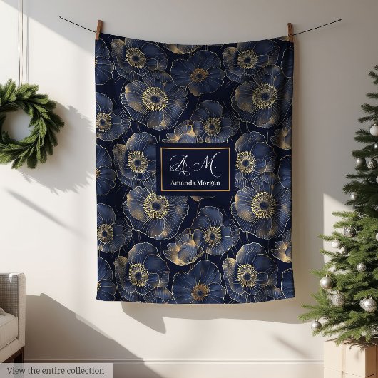 Navy and Gold Lux Blanket Custom Name Floral Gift フリースブランケット