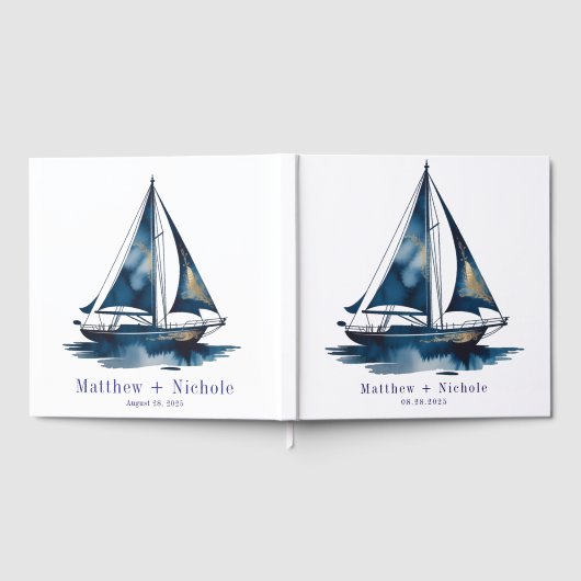 Navy and Gold Nautical Boat Gold Frame Wedding ゲストブック (全面)