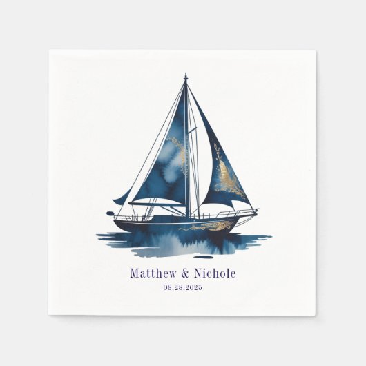 Navy and Gold Nautical Boat Gold Frame Wedding スタンダードカクテルナプキン (正面)