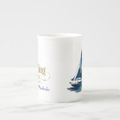 Navy and Gold Nautical Boat Gold Frame Wedding ボーンチャイナマグカップ (正面)