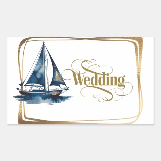 Navy and Gold Nautical Boat Gold Frame Wedding 長方形シール (正面)