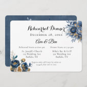 Navy and Gold Peony Flowers Rehearsal Dinner 招待状 (正面/裏面)