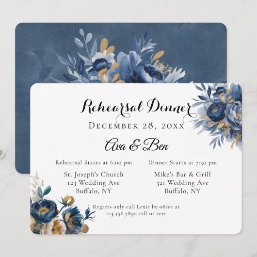 Navy and Gold Peony Flowers Rehearsal Dinner 招待状 (正面/裏面)