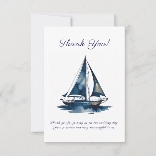 Navy And Gold Sailboat Nautical Wedding サンキューカード (正面)