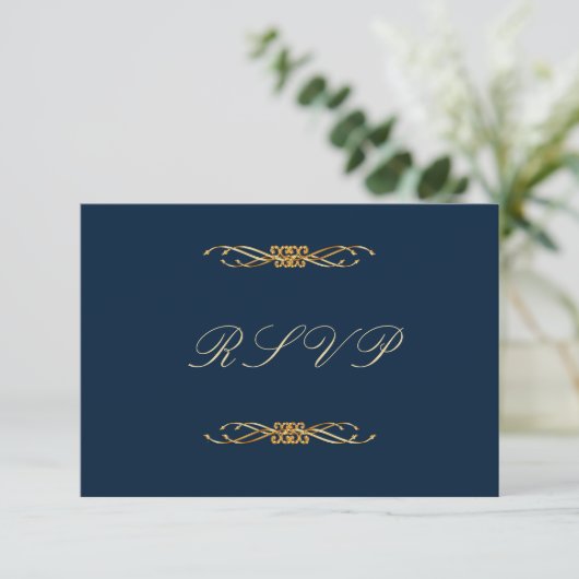 Navy and Gold Wedding Elegant Formal Reply 出欠カード (スタンド正面)