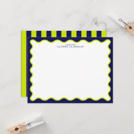 Navy and Lime Striped Back Wavy Frame Note Card 招待状