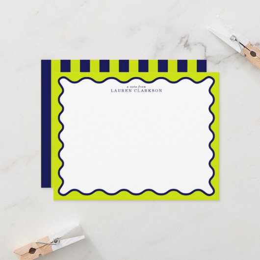 Navy and Lime Striped Wavy Frame Note Card 招待状 (正面/裏面インサイチュ)