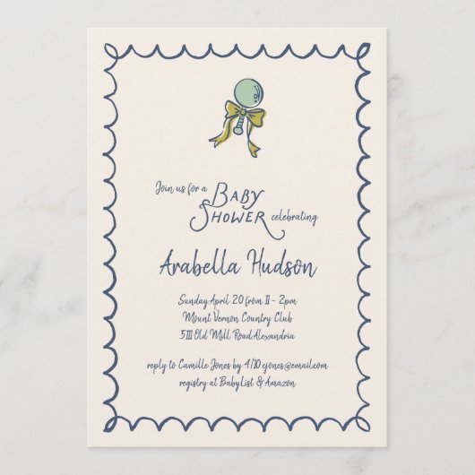 Navy and Mint Doodle Rattle and Bow Baby Shower 招待状 (正面)