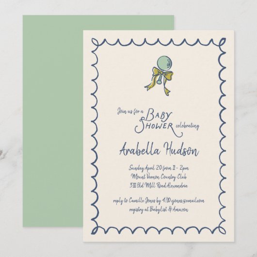 Navy and Mint Doodle Rattle and Bow Baby Shower 招待状 (正面/裏面)