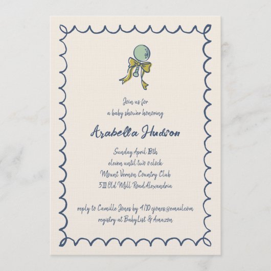 Navy and Mint Doodle Rattle and Bow Baby Shower 招待状 (正面)