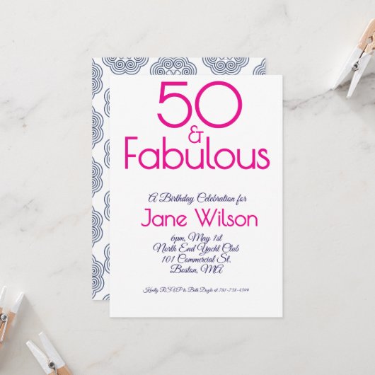 Navy and Pink 50th Birthday Invitation 招待状 (正面/裏面インサイチュ)