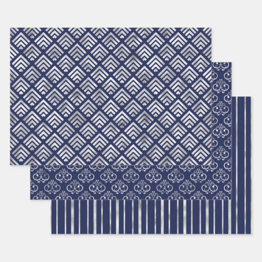 Navy and Silver Geometric Patterns Elegant ラッピングペーパーシート (セット)