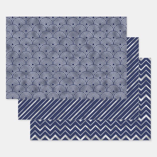 Navy and Silver Geometric Patterns Elegant ラッピングペーパーシート (セット)