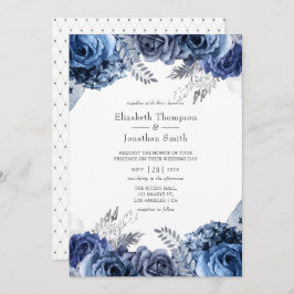 Navy and White with Silver Foil 結婚フローラ 招待状