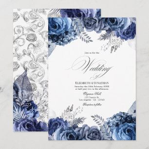 Navy and White with Silver Foil 結婚フローラ 招待状