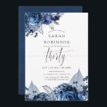 Navy and White with Silver Foil 30th Birthday 招待状<br><div class="desc">ネイビーと白の花30歳の誕生日パーティの招待状に銀箔のアクセントをデザイン迅速かつ簡単にカスタマイズイベントの仕様に合わせて。</div>