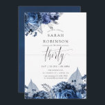 Navy and White with Silver Foil 30th Birthday 招待状<br><div class="desc">ネイビーと白の花30歳の誕生日パーティの招待状に銀箔のアクセントをデザイン迅速かつ簡単にカスタマイズイベントの仕様に合わせて。</div>