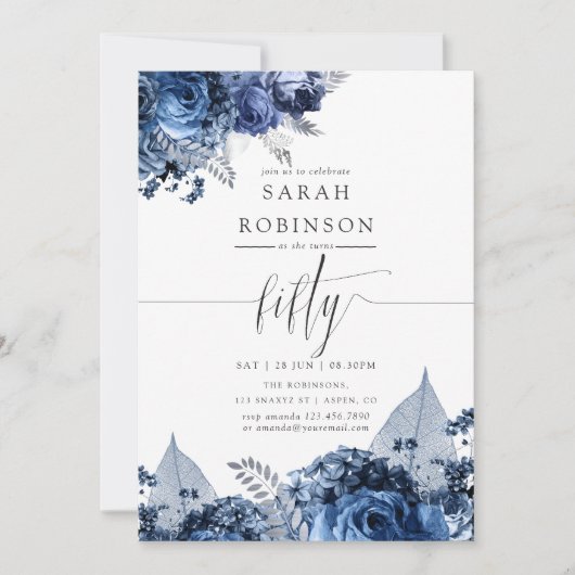 Navy and White with Silver Foil 50誕生日 招待状 (正面)