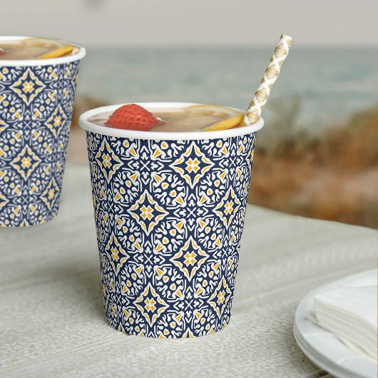 Navy and Yellow Mediterranean Tile Pattern 紙コップ