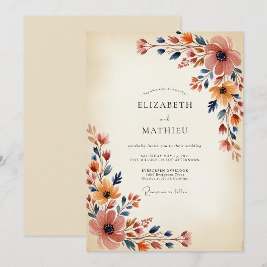 Navy Apricot Painterly Autumn Wedding 招待状 (正面/裏面)