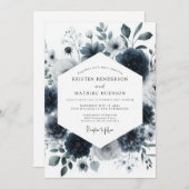 Navy Aquarelle Bloom Wedding 招待状 (正面/裏面)