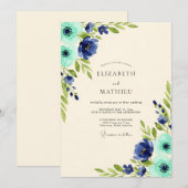 Navy Azure Floral Nature Wedding 招待状 (正面/裏面)