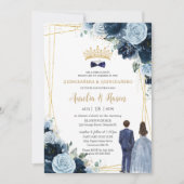 Navy Baby Blue Floral Twins Boy Girl Quinceanera 招待状 (正面)