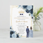 Navy Baby Blue Floral Twins Boy Girl Quinceanera 招待状 (スタンド正面)