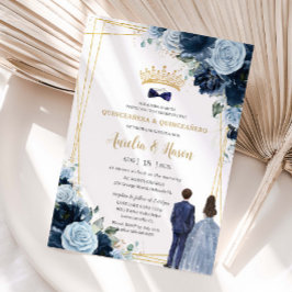 Navy Baby Blue Floral Twins Boy Girl Quinceanera 招待状