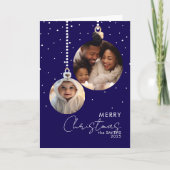 Navy Bauble Family Photo Christmas Card With Snow カード (正面)