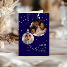 Navy Bauble Family Photo Christmas Card With Snow
