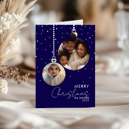 Navy Bauble Family Photo Christmas Card With Snow カード