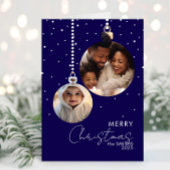 Navy Bauble Family Photo Christmas Card With Snow カード