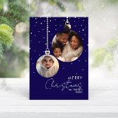 Navy Bauble Family Photo Christmas Card With Snow カード