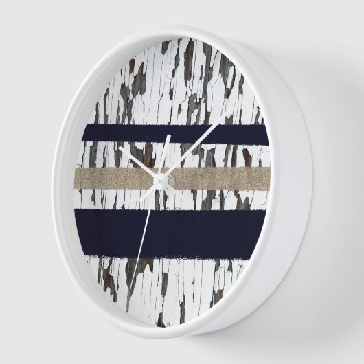 Navy / Beige / White Stripes over Peeling Wood  壁時計 (傾斜)