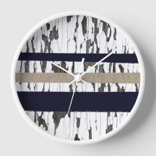 Navy / Beige / White Stripes over Peeling Wood  壁時計